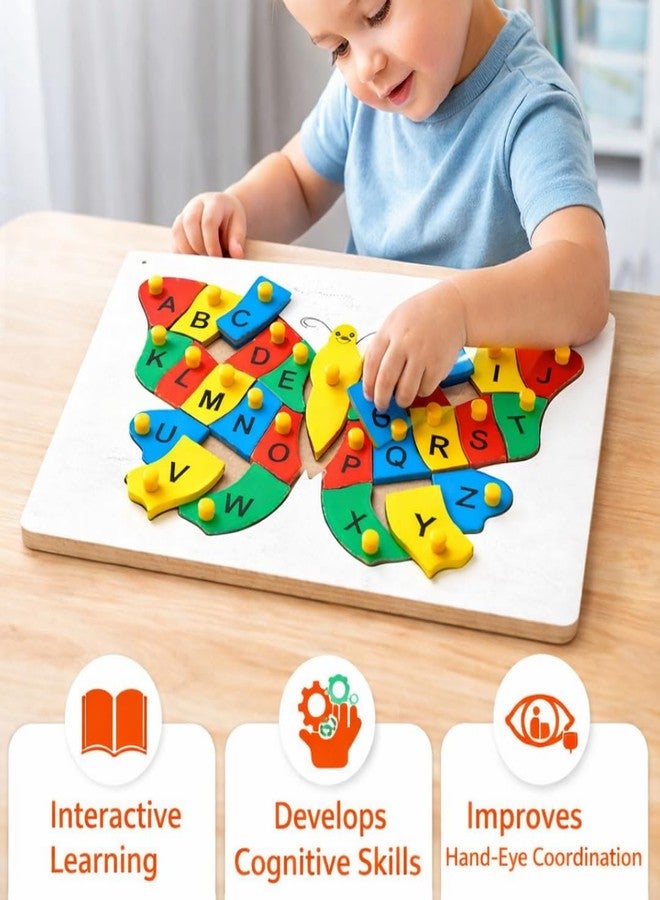 Toyjos Butterfly Shape Wooden Board with Alphabets Knob Puzzle | Preschool Learning Kids 26 (A-Z) Capital Letters Educational Puzzle Board Game Toys | Birthday Gifts for Boys, Girls (Multicolour) - Image 5